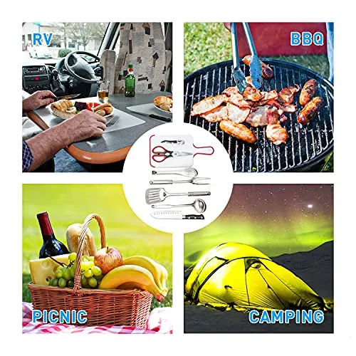 Gonioa Portable Outdoor Utensil Kitchen Set, 9 Piece Camp Kitchen Cooking Utensil Set, Cookware Equipment Kit and Chopping Board, Scissors & Camp Knife, Grill Supplies or Camping, Hiking, RV, Travel
