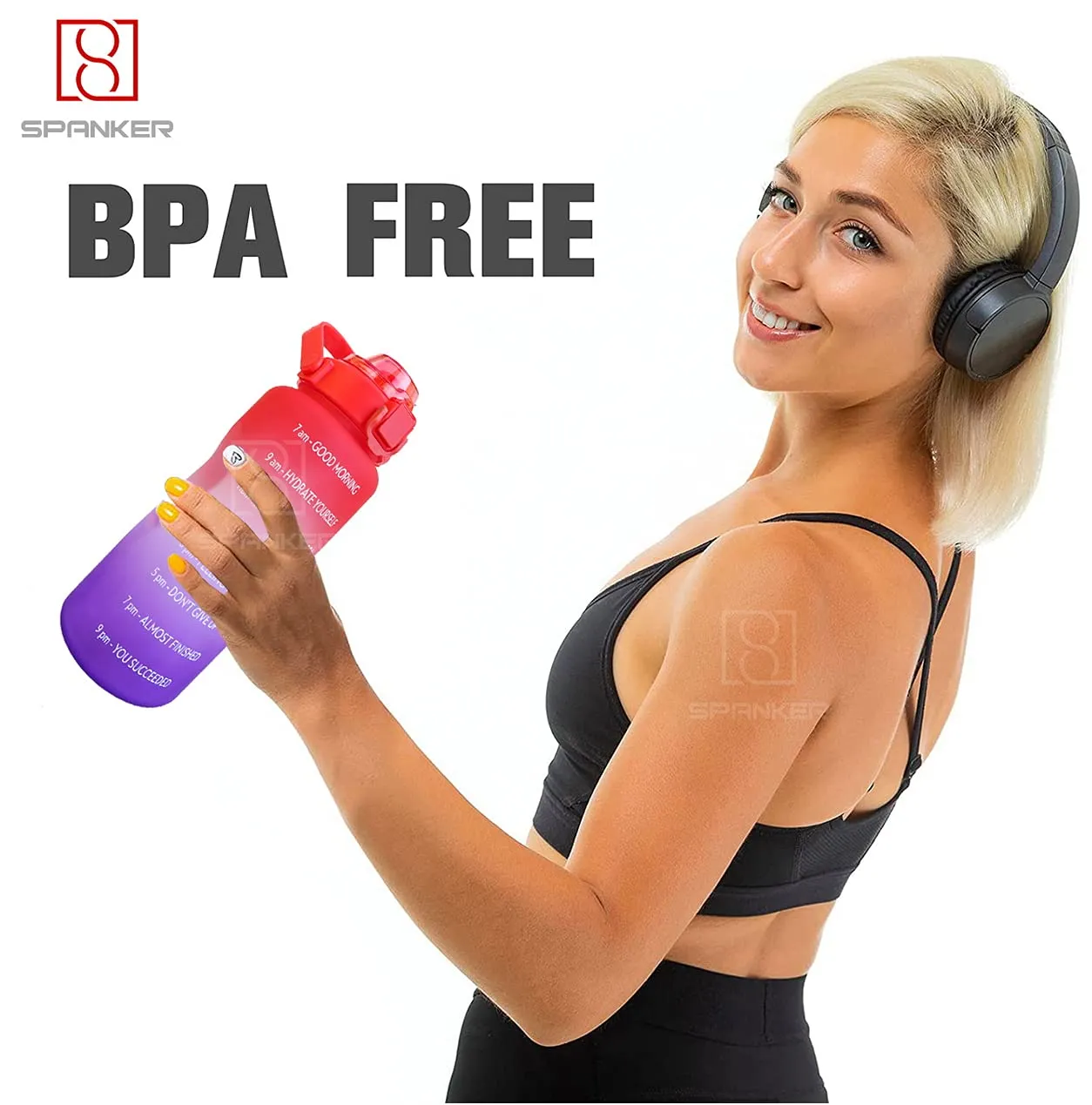 Spanker Fazer All In 1 Motivational Leakproof Water Bottle Gallon with Handle, Time Marker 2000ML, BPA Free Fitness Sports Water Bottle, (Red Purple) SSTP