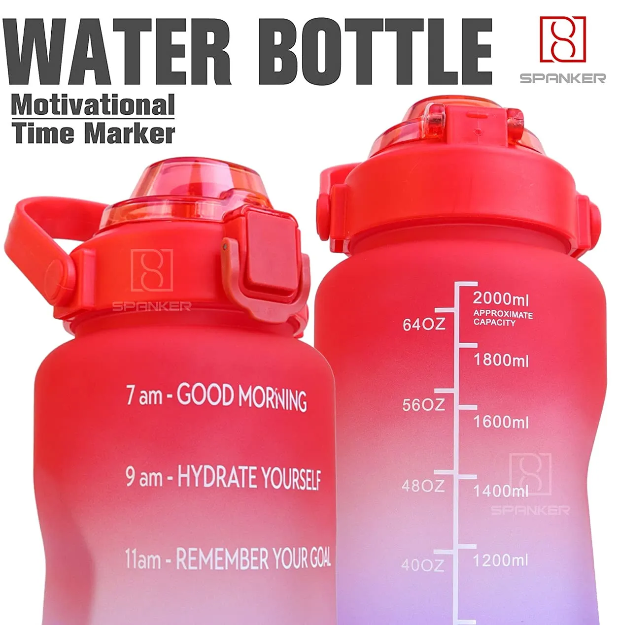Spanker Fazer All In 1 Motivational Leakproof Water Bottle Gallon with Handle, Time Marker 2000ML, BPA Free Fitness Sports Water Bottle, (Red Purple) SSTP