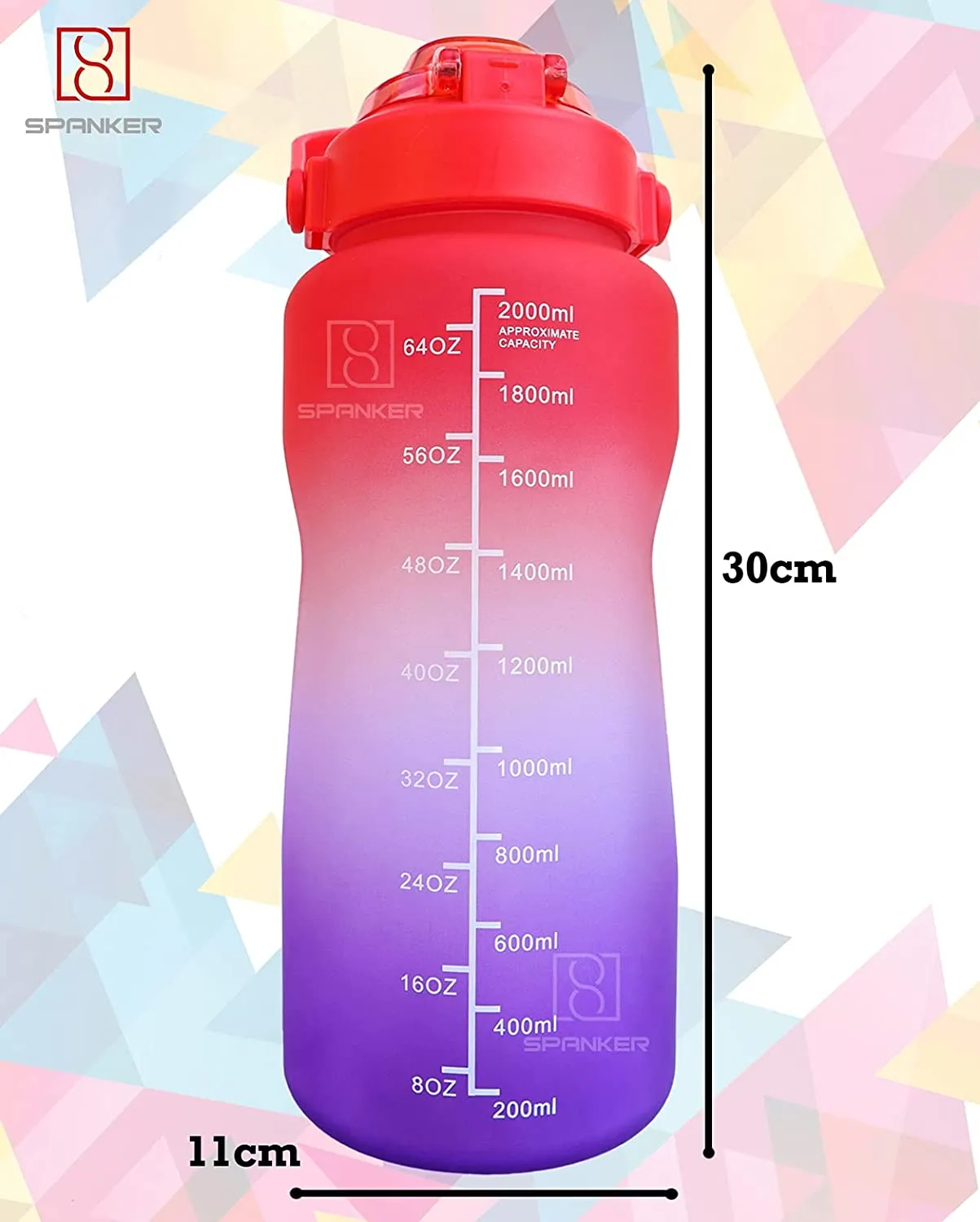Spanker Fazer All In 1 Motivational Leakproof Water Bottle Gallon with Handle, Time Marker 2000ML, BPA Free Fitness Sports Water Bottle, (Red Purple) SSTP